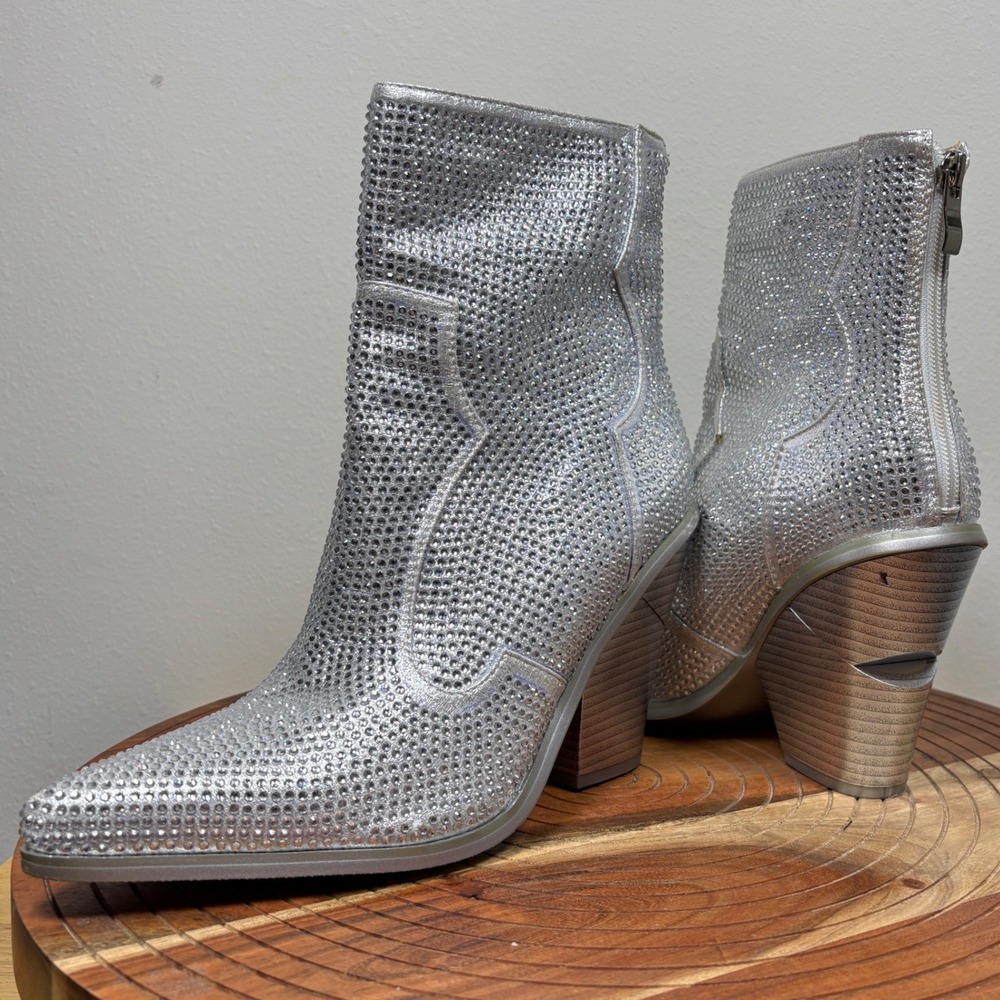 Azalea Wang Rhinestone Western Ankle Boots Pointed Toe Block Heel Sz 6.5 & .7
